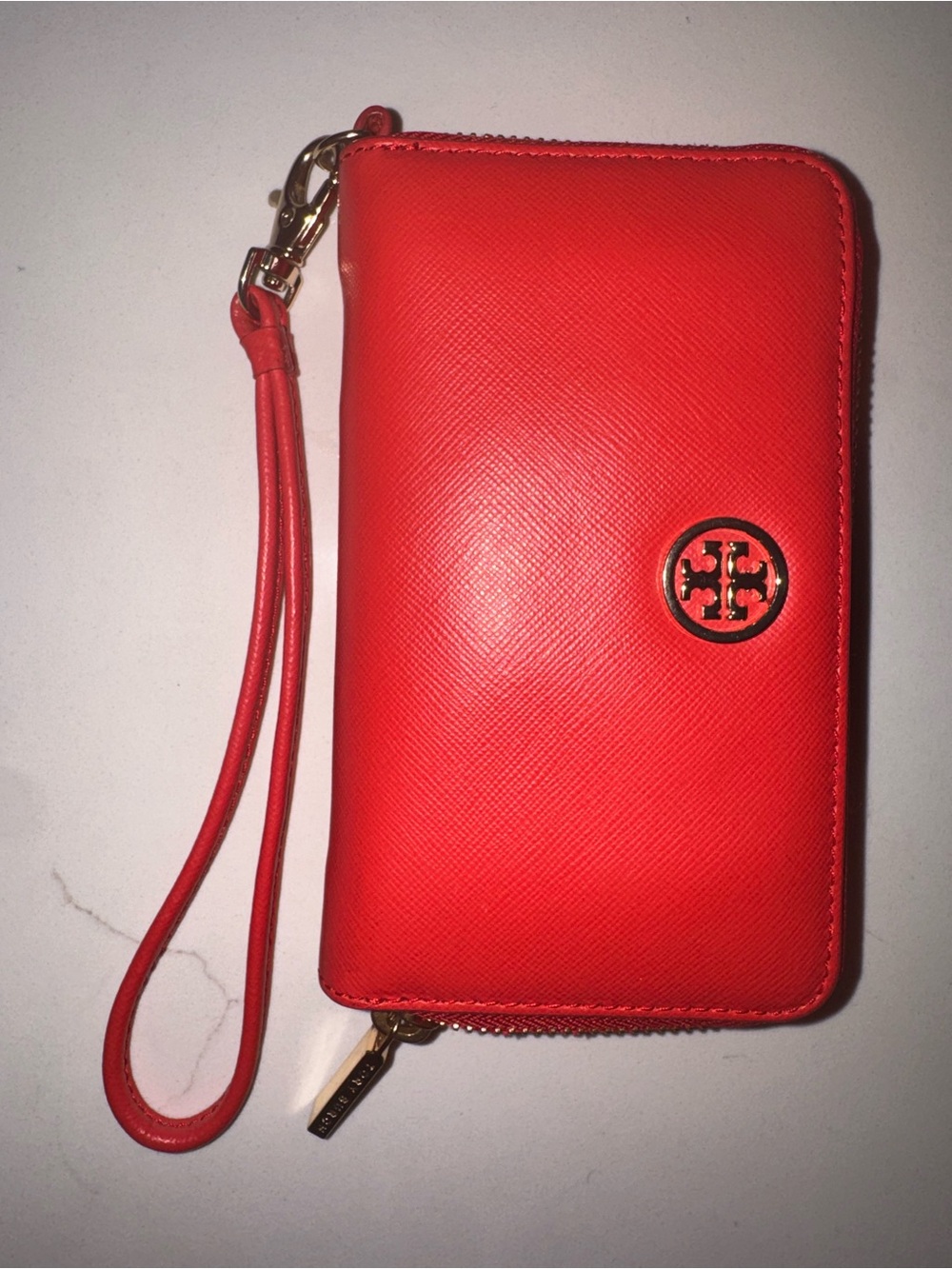 Tory Burch Bright Coral Zip-Around Wristlet with Gold Emblem